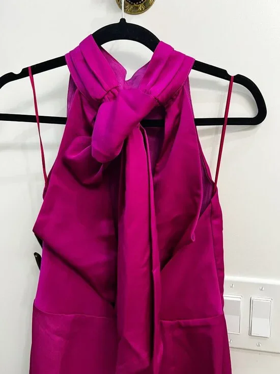 HARLYN Tie Back High Neck Satin Jumpsuit Size S Magenta Event Cocktail Wedding - Picture 9 of 11